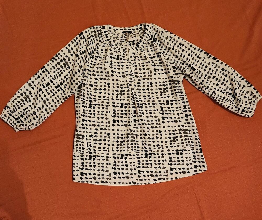 Milano Blouse Size S White & Black Polka Dot Scoop Neck Buttons 3/4 Sleeve